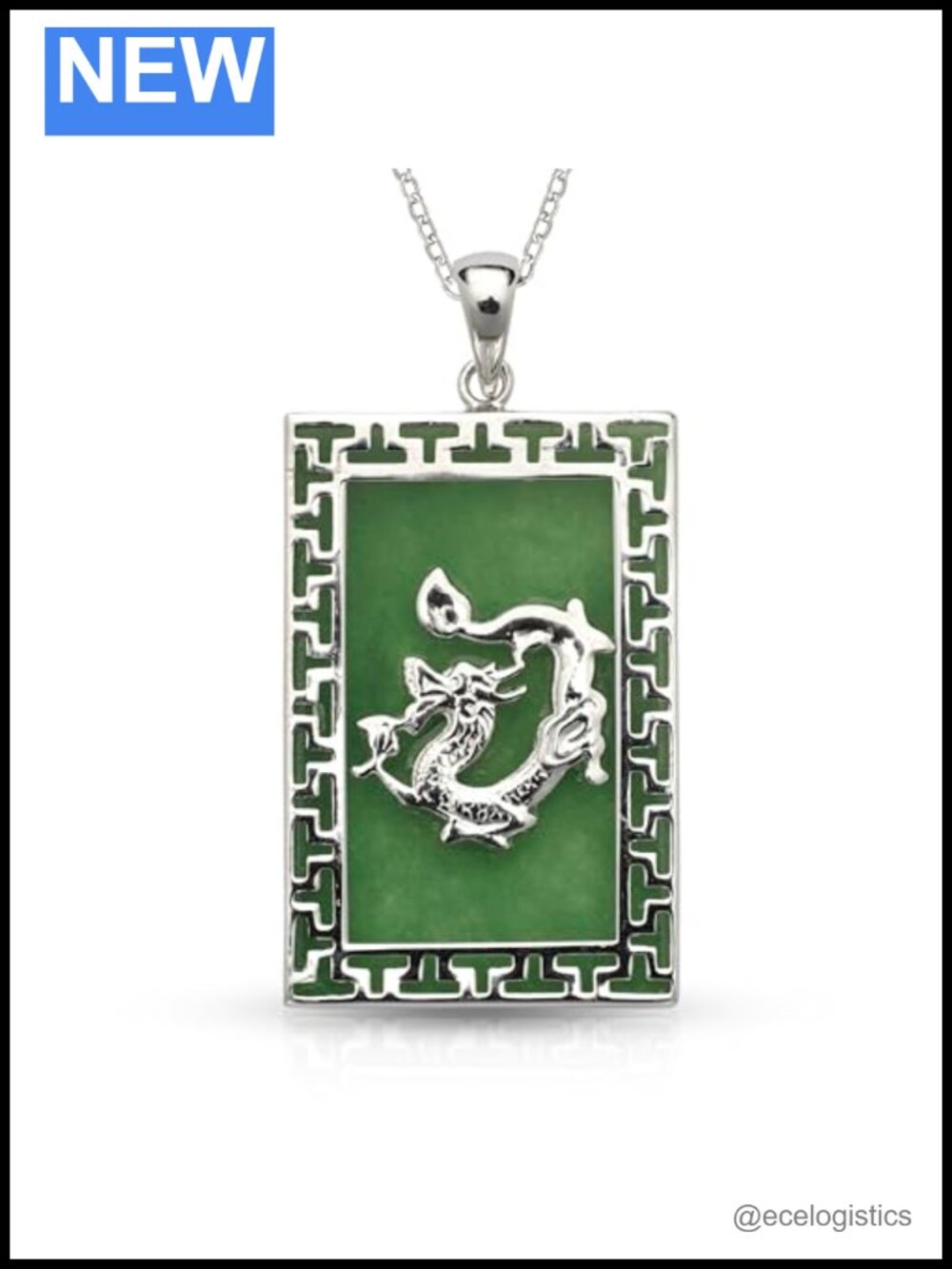 925 Sterling Silver Green Jade Dragon Pendant Necklace 18"